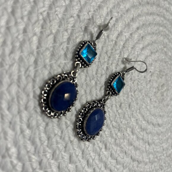 Gorgeous SIMULATED SAPPHIRE & BLUE TOPAZ Handmade Sterling 925 Earrings #418D - Picture 3 of 3